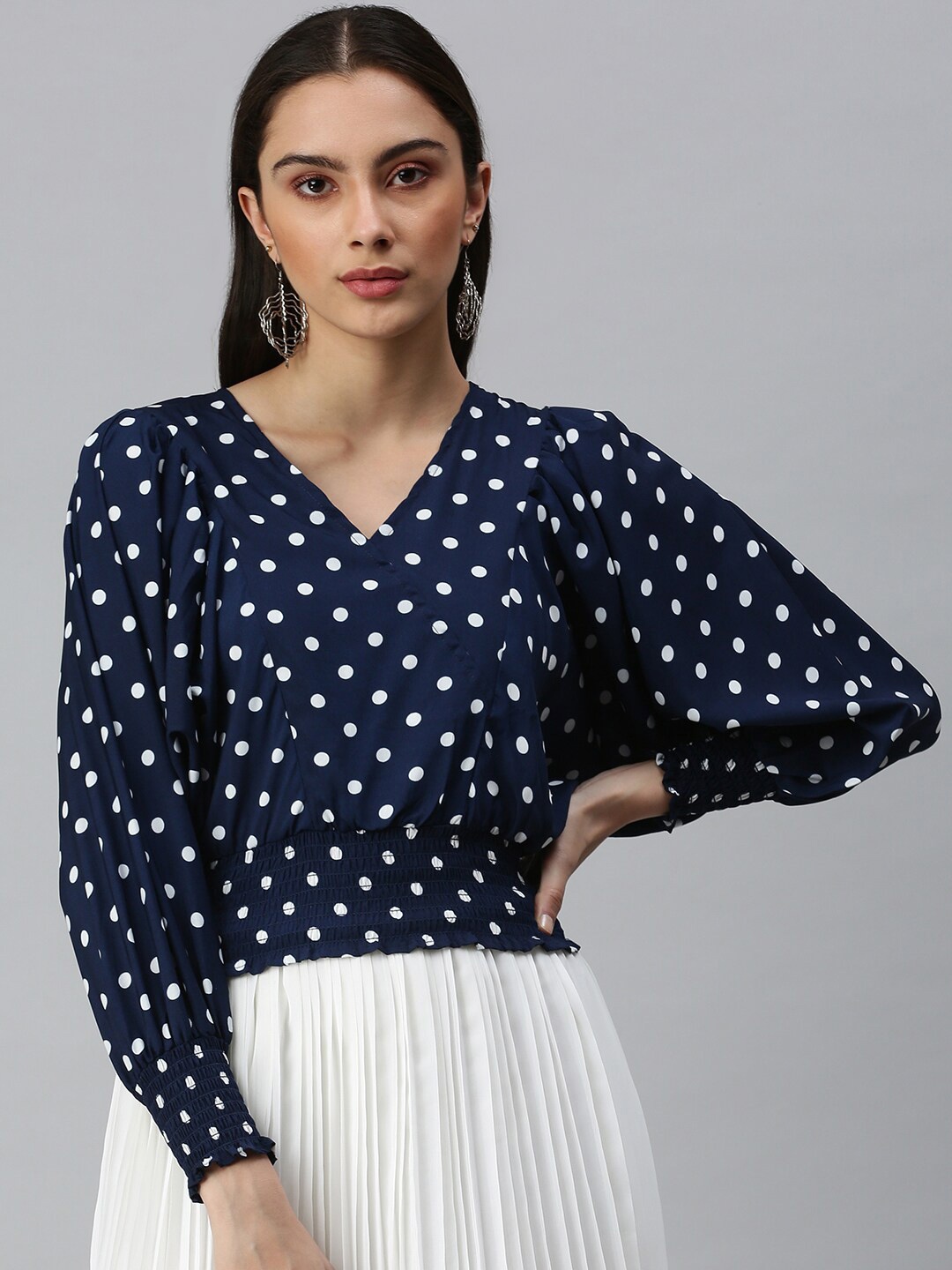 

SHOWOFF Polka Dot Printed V-Neck Batwing Sleeve Smocked Blouson Top, Navy blue