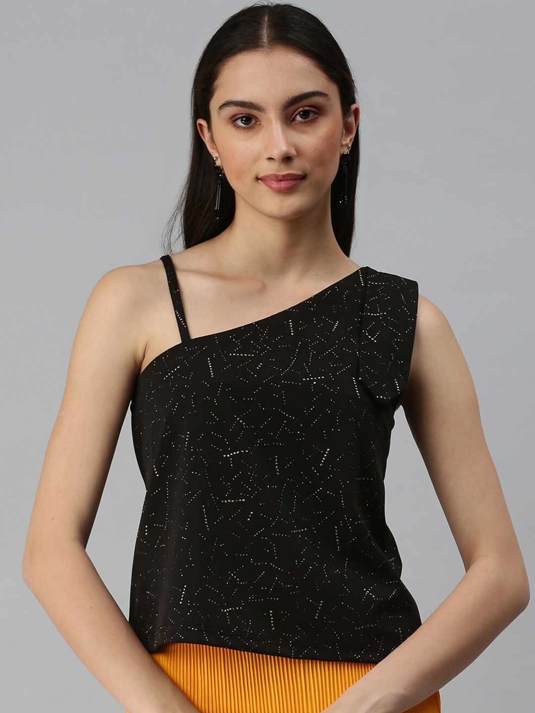 

SHOWOFF Embellished Printed One Shoulder Top, Black