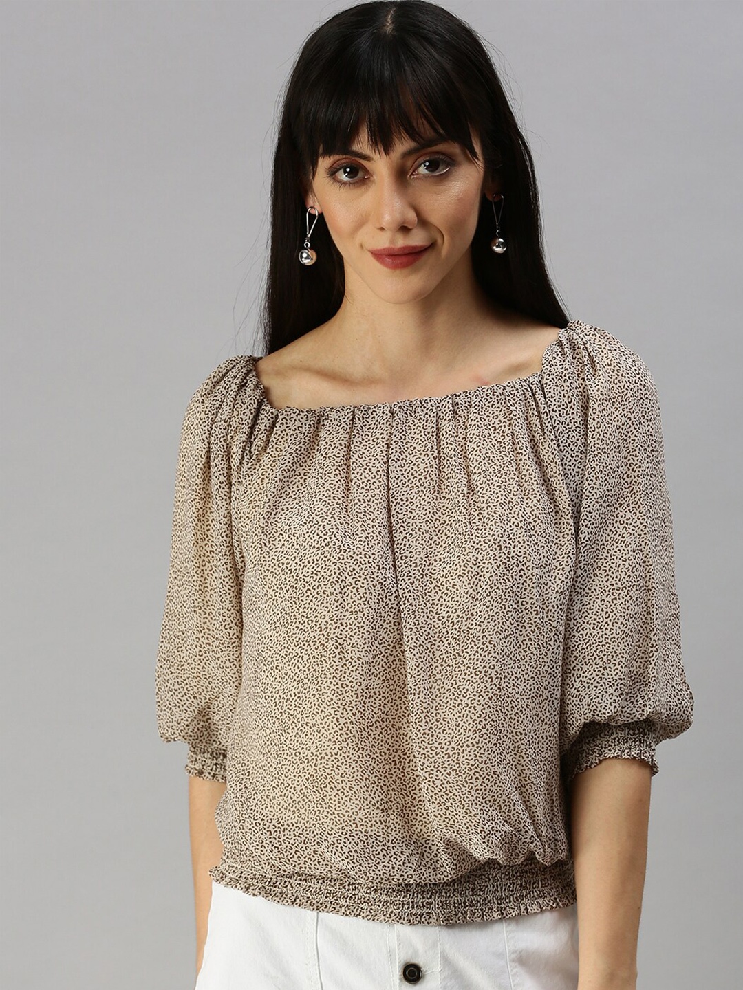 

SHOWOFF Animal Printed Off-Shoulder Puff Sleeves Blousan Top, Beige