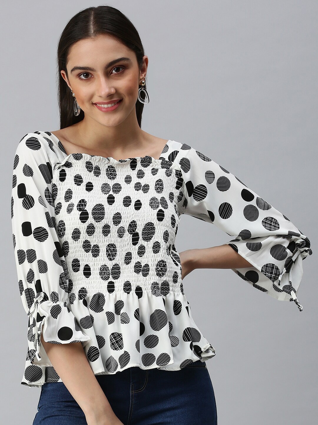 

SHOWOFF Polka Dot Printed Boat Neck Puff Sleeves Top, White