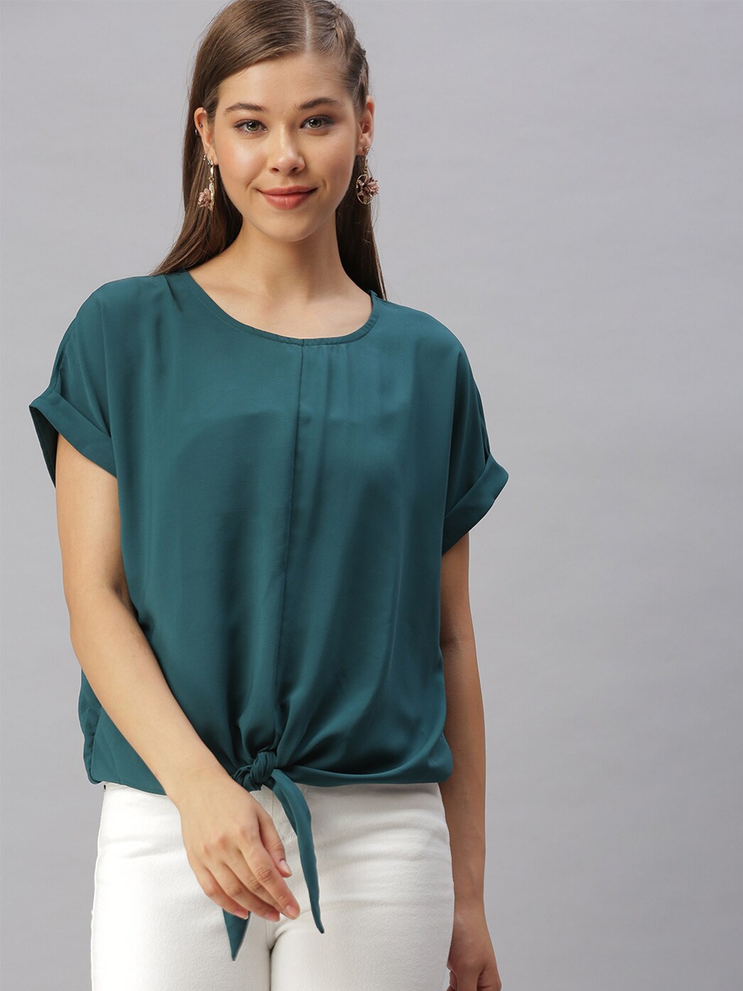 

SHOWOFF Waist Tie-Ups Roll UP Sleeves Blouson Top, Green