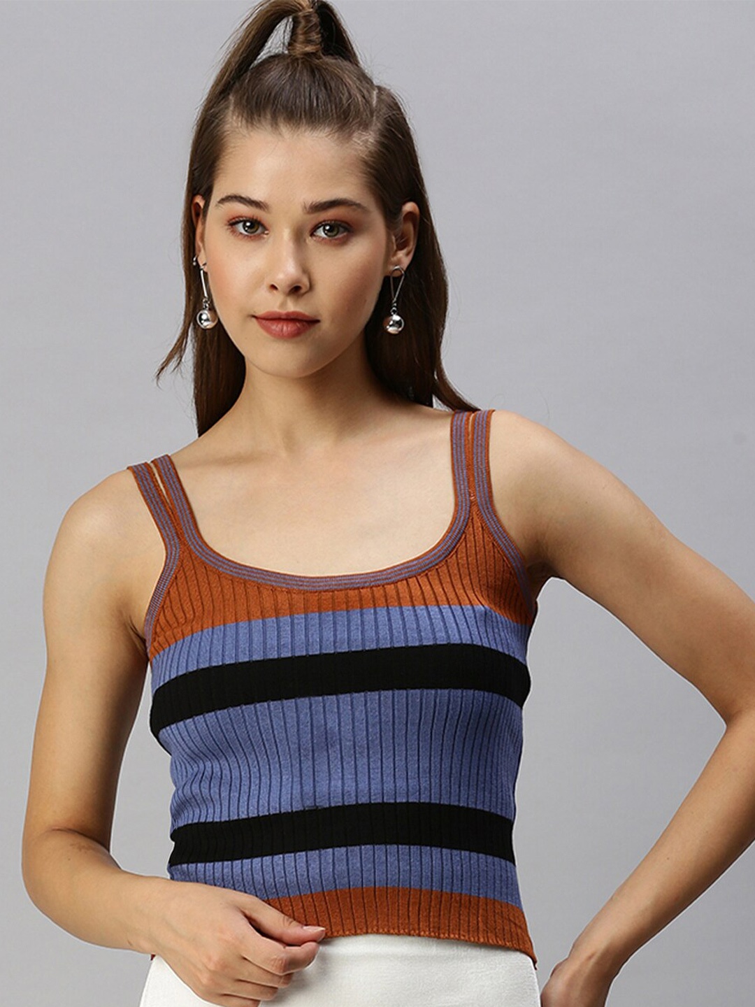 

SHOWOFF Horizontal Stripes Scoop Neck Shoulder Straps Crop Fitted Top, Blue