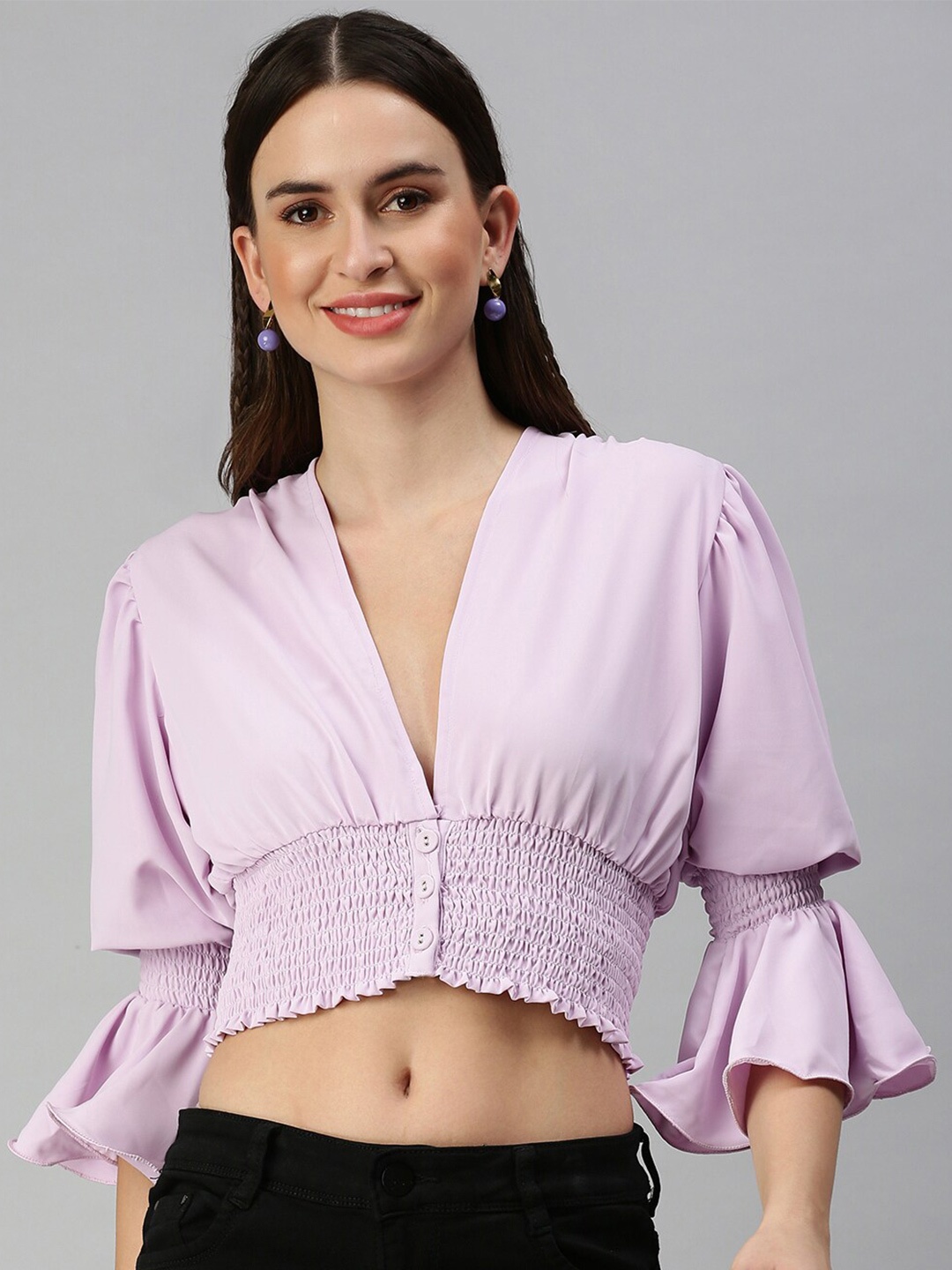 

SHOWOFF V-Neck Bell Sleeve Cinched Waist Top, Lavender