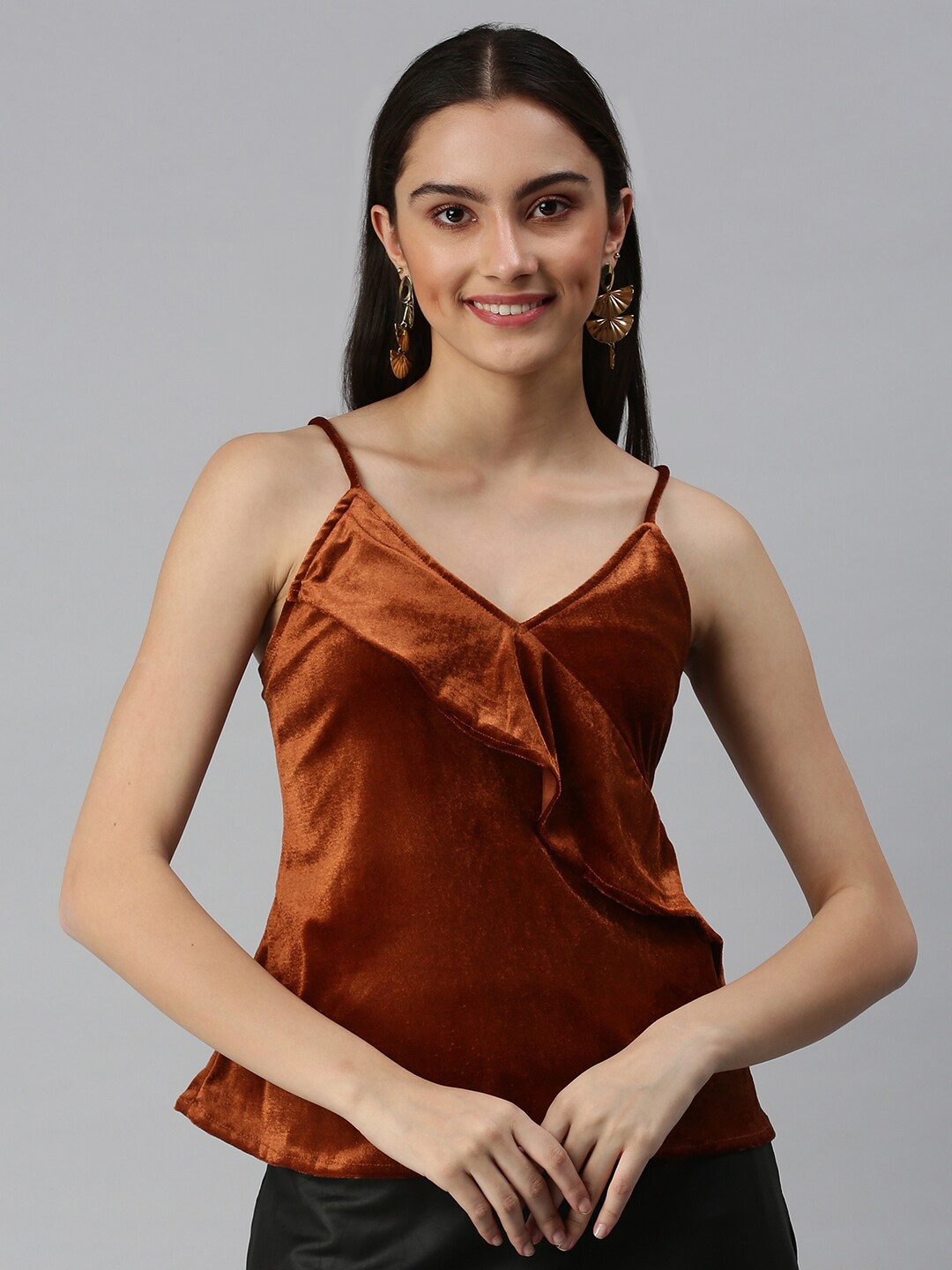 

SHOWOFF Shoulder Straps Sleeveless Ruffles Velvet Top, Rust