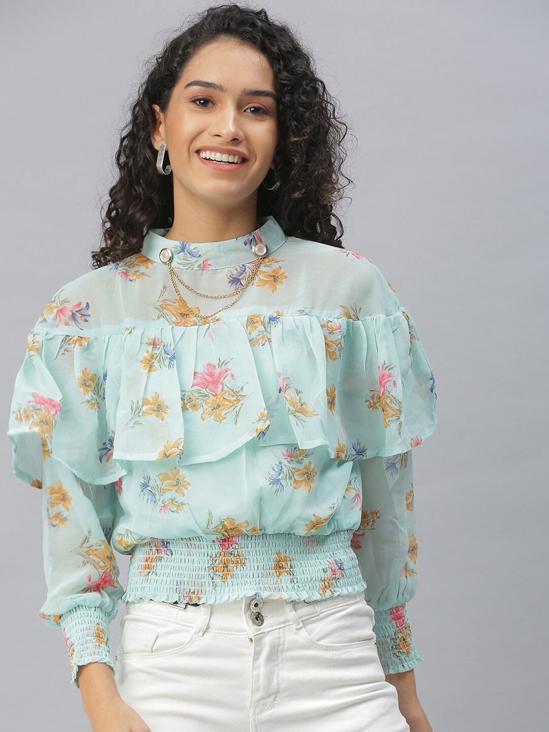 

SHOWOFF Floral Printed Choker Neck Cuffed Sleeve Blouson Top, Sea green