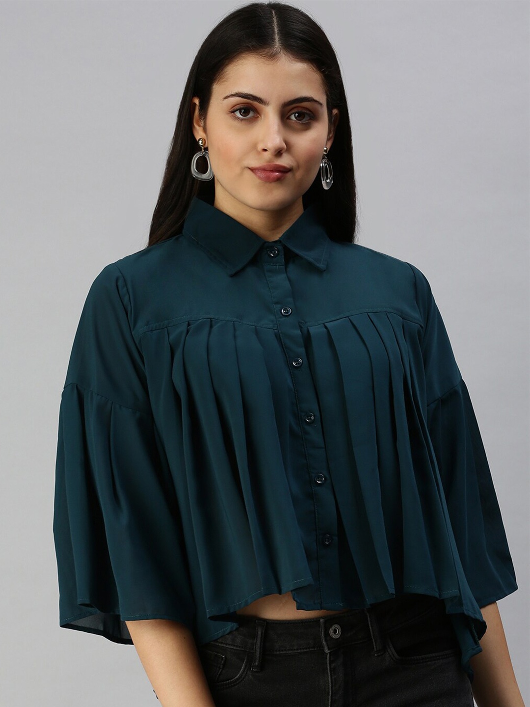 

SHOWOFF Pleated Flared Sleeves Shirt Style Top, Teal