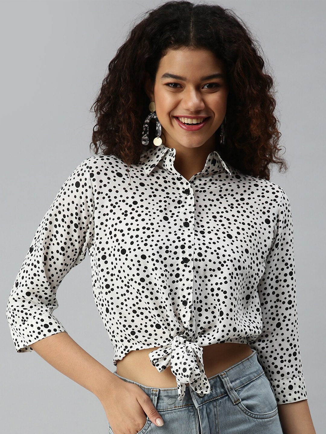 

SHOWOFF Polka Dots Printed Cuffed Sleeves Waist Tie-Ups Shirt Style Crop Top, White