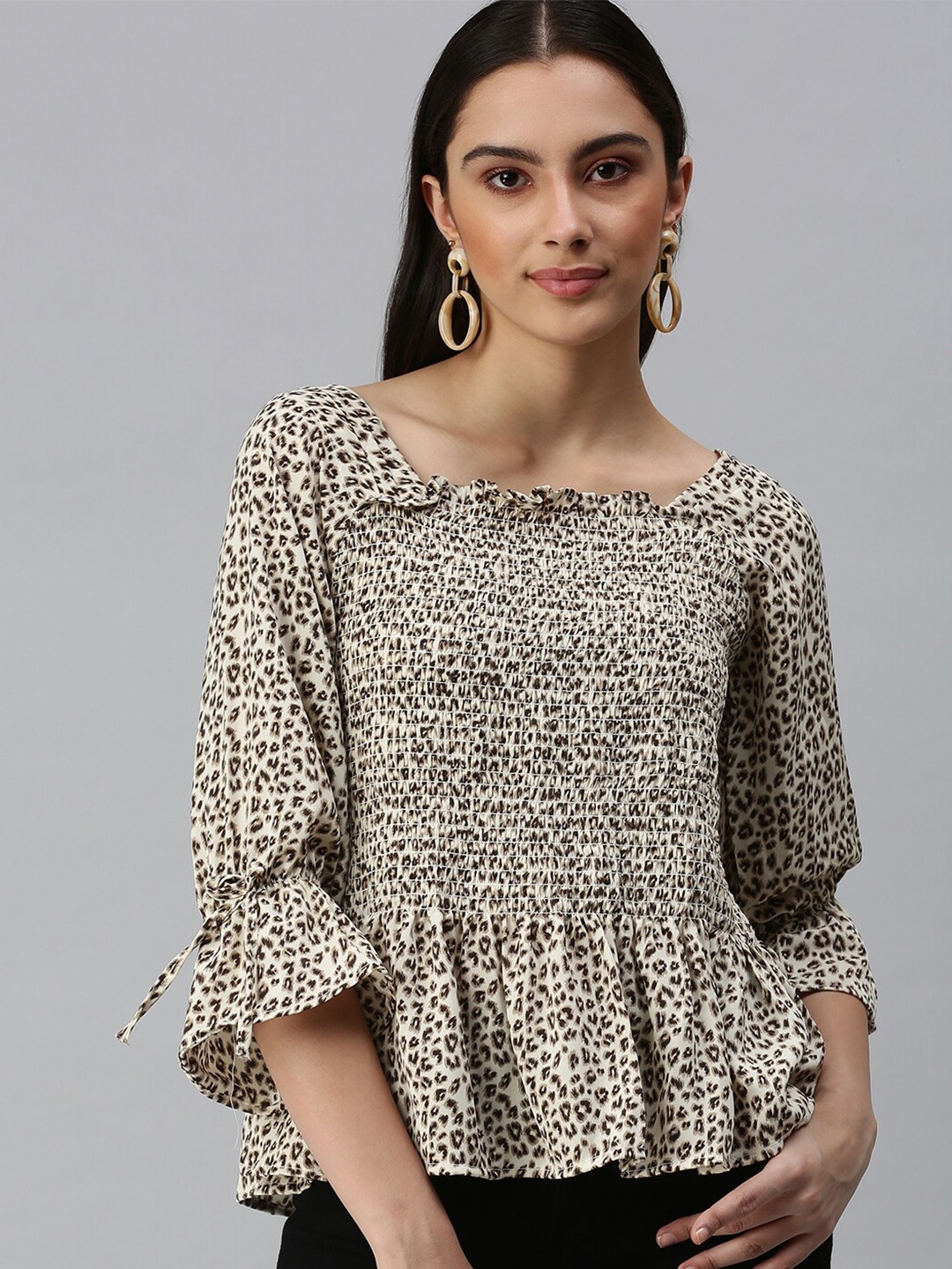 

SHOWOFF Animal Printed Smocked Bell Sleeve peplum Top, Beige