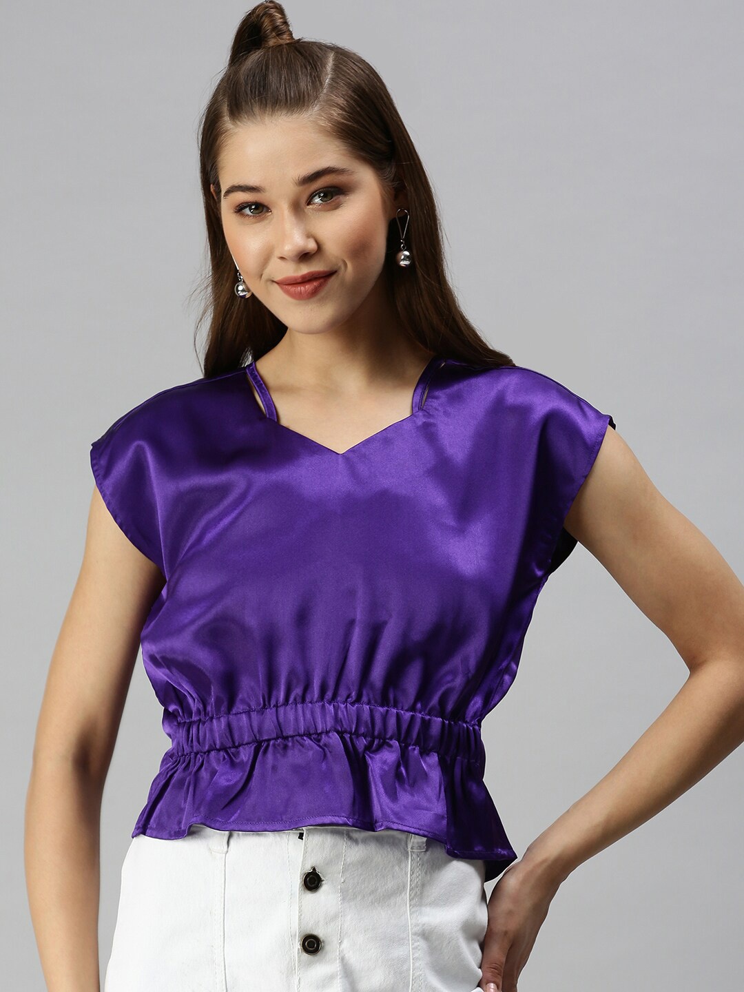 

SHOWOFF Sweetheart neck Extended Sleeves Cinched Waist Top, Violet