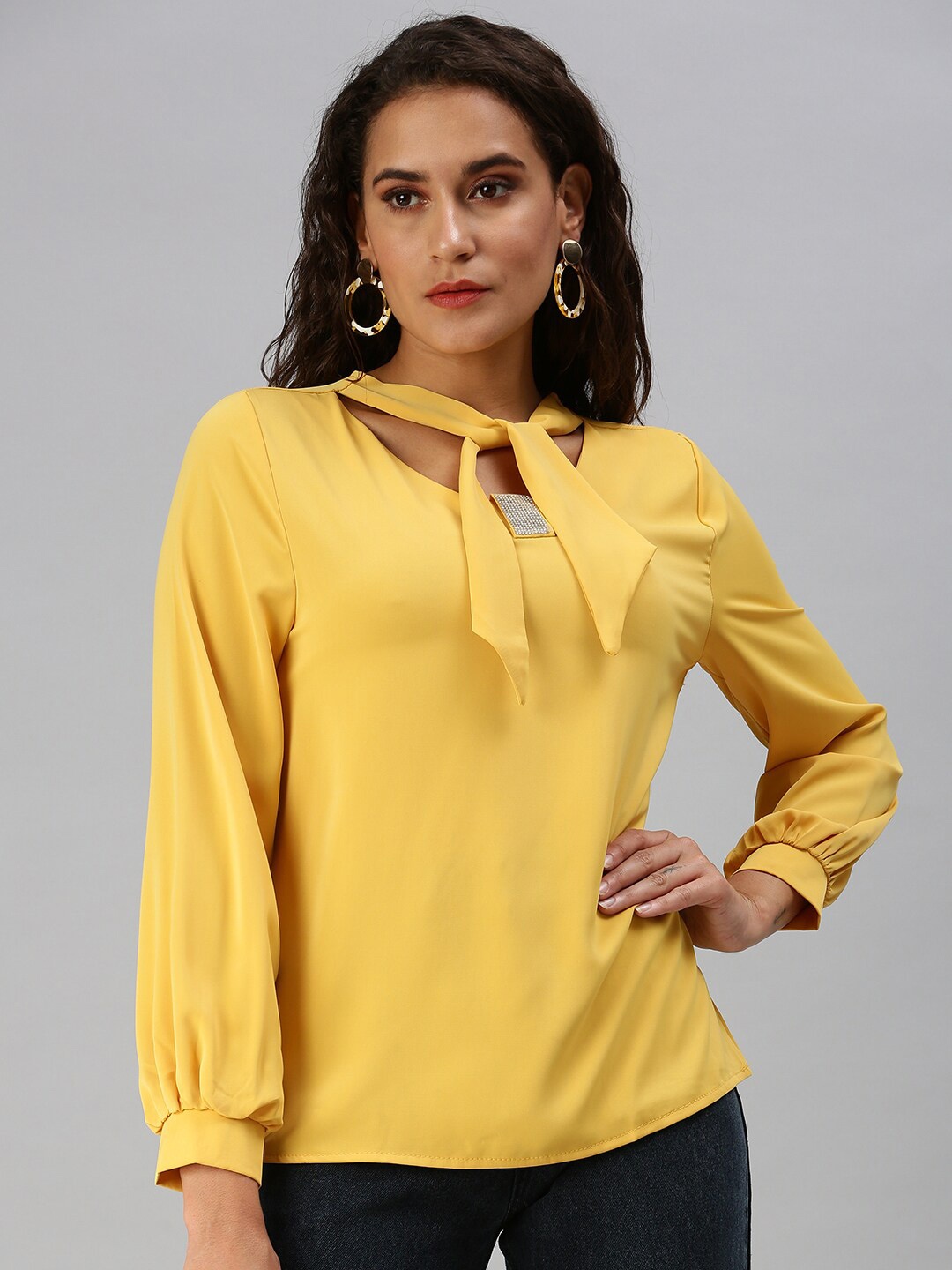 

SHOWOFF Cuffed Sleeves Tie-Up Neck Embellished Regular Top, Yellow