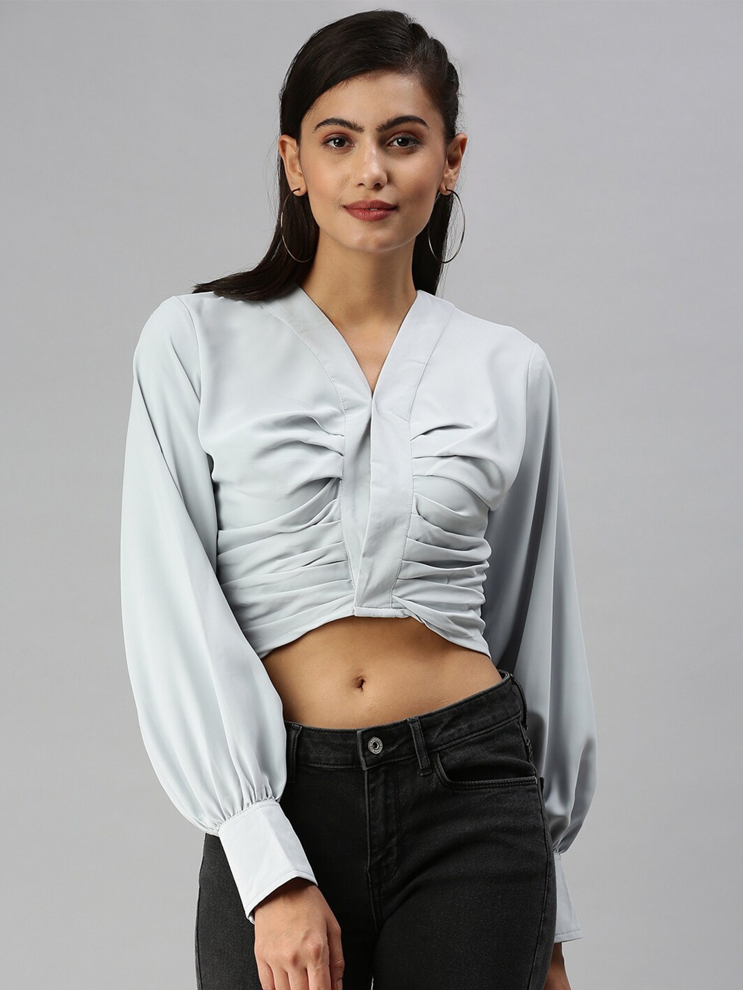 

SHOWOFF V-Neck Cuffed Sleeves Gathered Crop Top, Grey