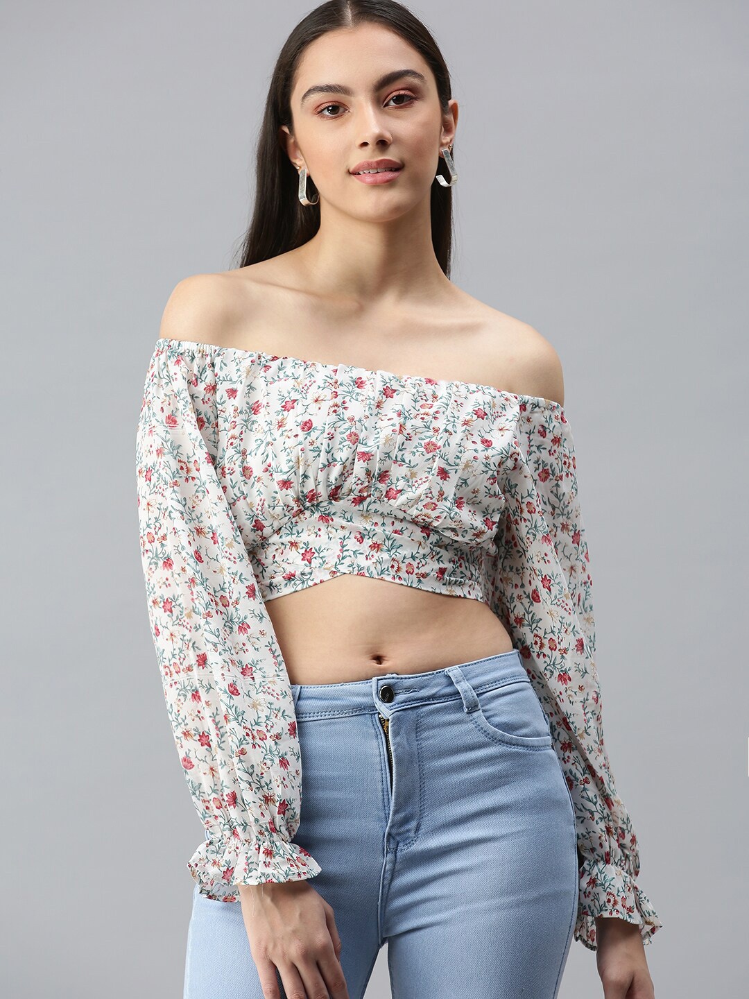 

SHOWOFF Floral Printed Off-Shoulder Georgette Bardot Crop Top, White