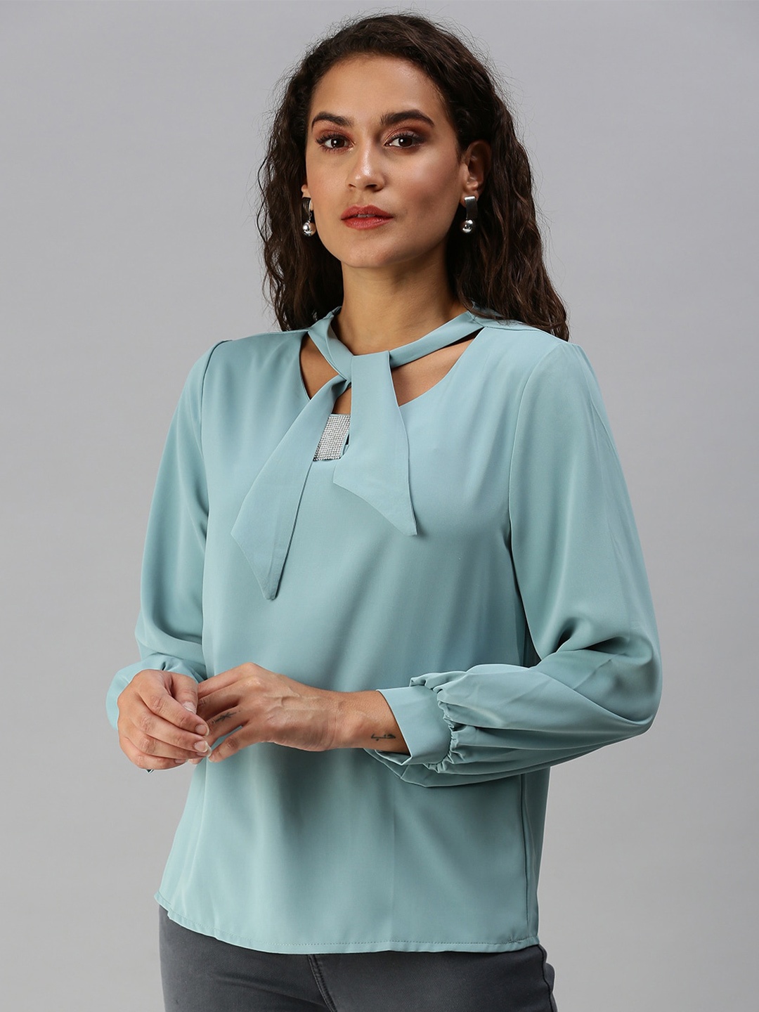 

SHOWOFF Tie-Up Neck Cuffed Sleeve Top, Turquoise blue