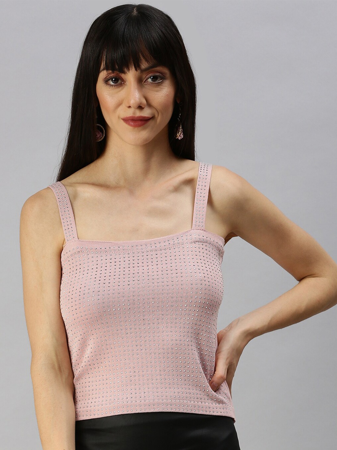 

SHOWOFF Square Neck Shoulder Strap Embellished Fitted Top, Mauve