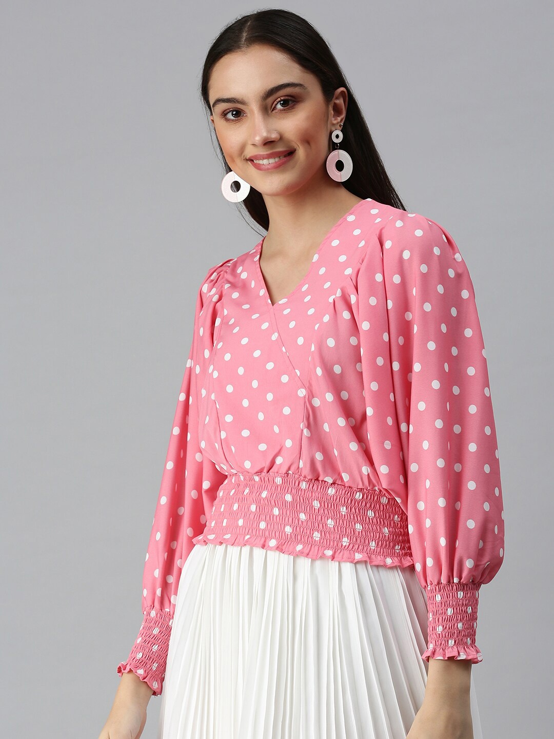 

SHOWOFF Polka Dots Printed Puff Sleeves Smocked Crepe Blouson Top, Pink