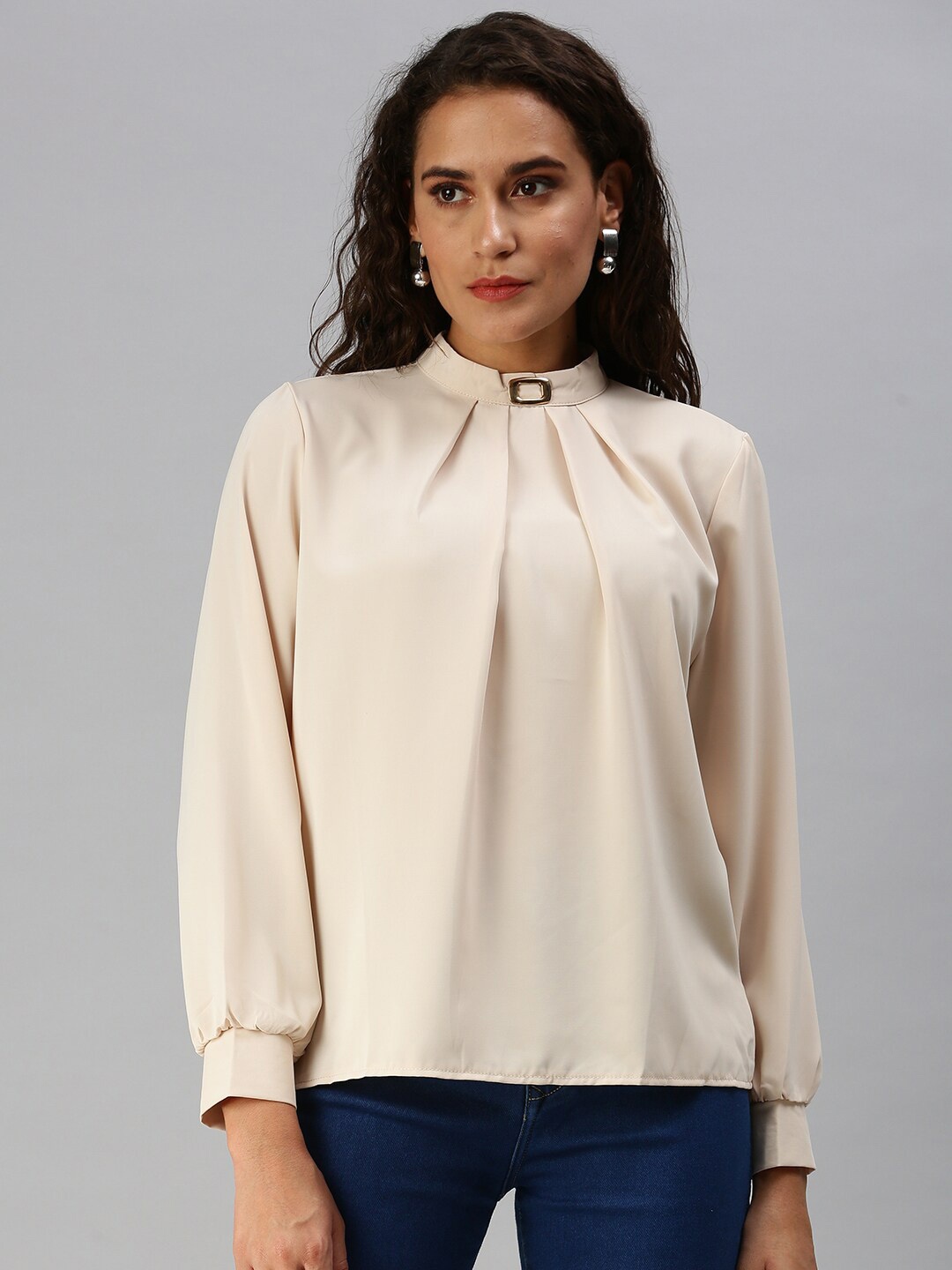 

SHOWOFF High Neck Cuffed Sleeves Pleated Top, Beige