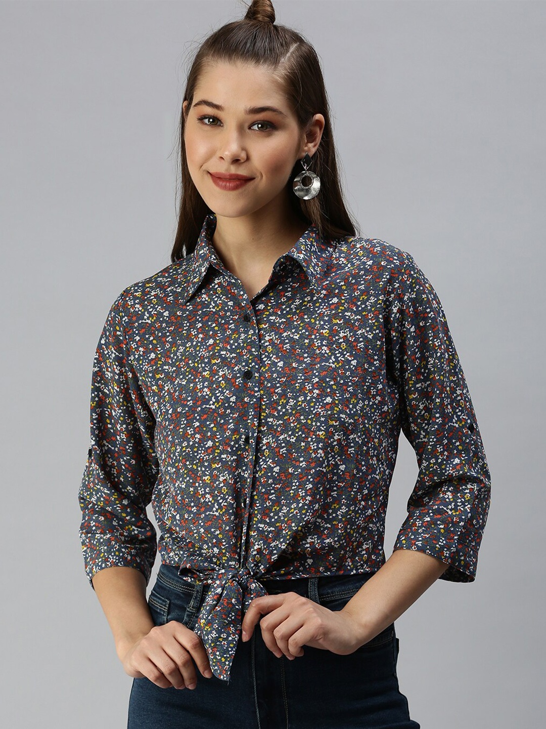 

SHOWOFF Floral Printed Shirt Style Georgette Crop Top, Navy blue