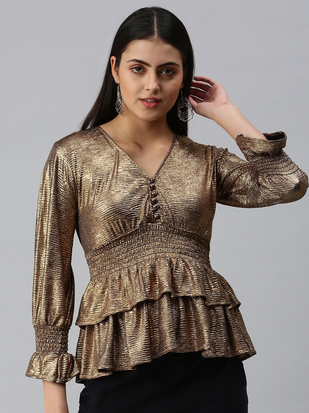 

SHOWOFF Self Design Bell Sleeve Georgette Top, Bronze