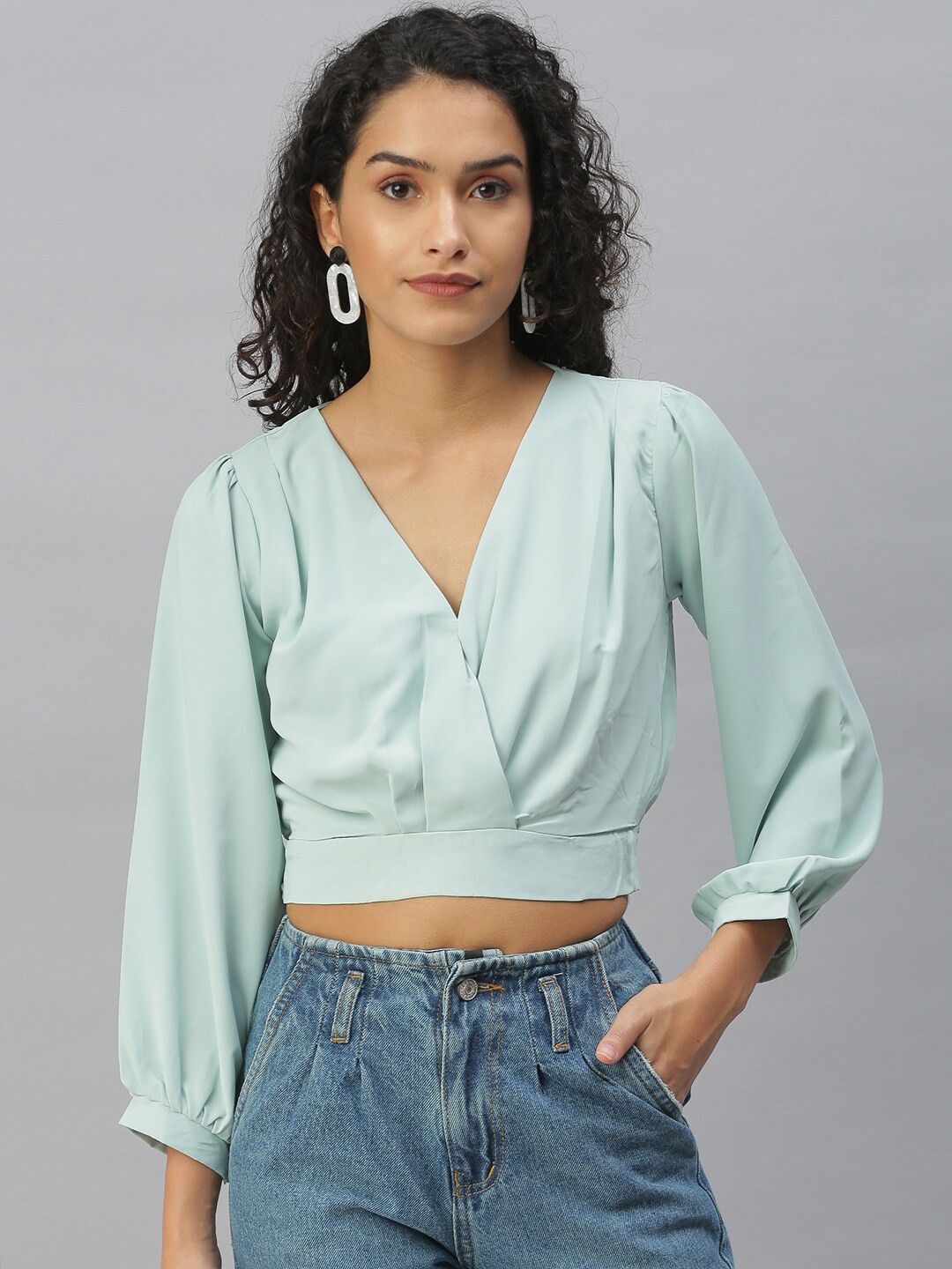 

SHOWOFF Puff Sleeves Wrap Crop Top, Sea green