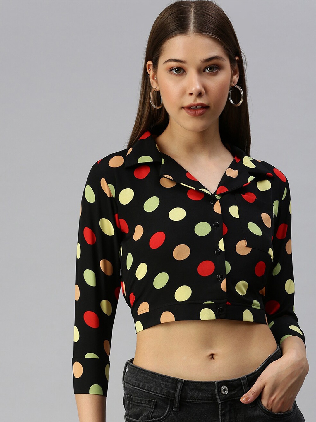 

SHOWOFF Polka Dot Printed Shirt Style Crop Top, Black