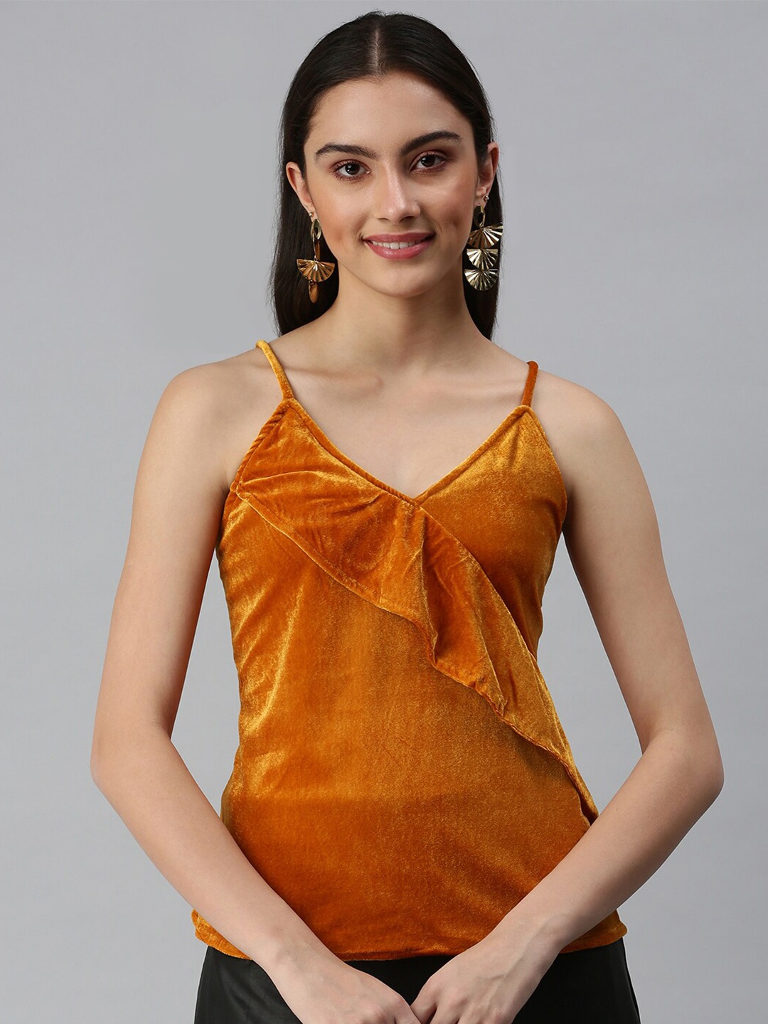 

SHOWOFF V Neck Ruffles Velvet Wrap Top, Mustard