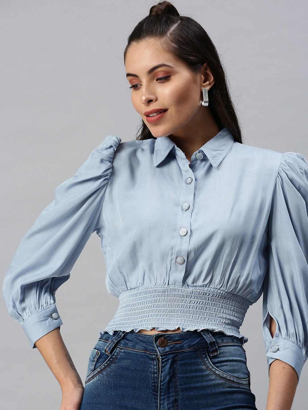

SHOWOFF Shirt Collar Puff Sleeves Shirt Style Top, Blue