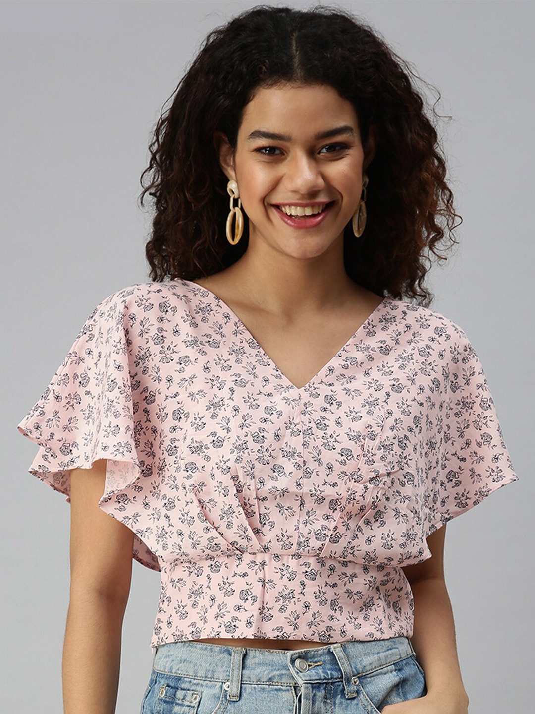 

SHOWOFF Floral Printed Flutter Sleeves Crop Top, Peach
