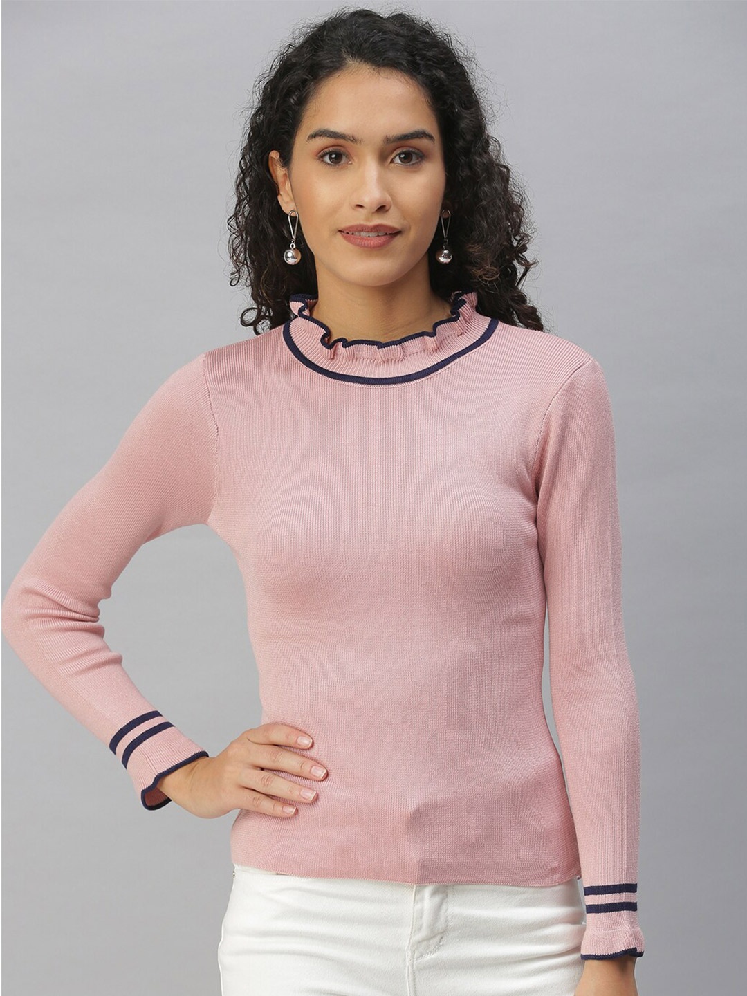 

SHOWOFF High Neck Long sleeves Ruffled Fitted Top, Pink