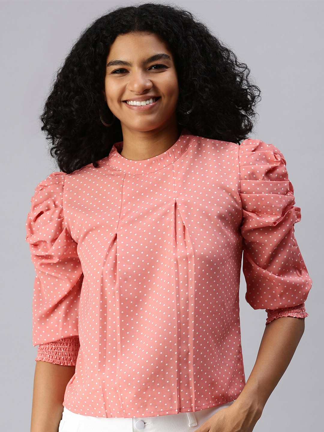 

SHOWOFF Polka Dots Printed High Neck Puff Sleeves Georgette Top, Peach