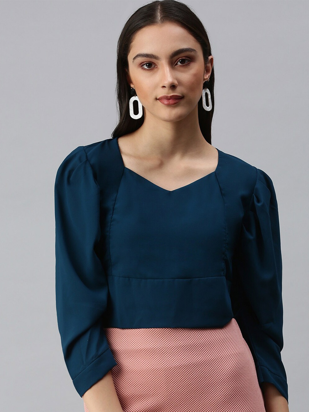 

SHOWOFF Sweetheart Neck Puff Sleeves Crop Top, Turquoise blue