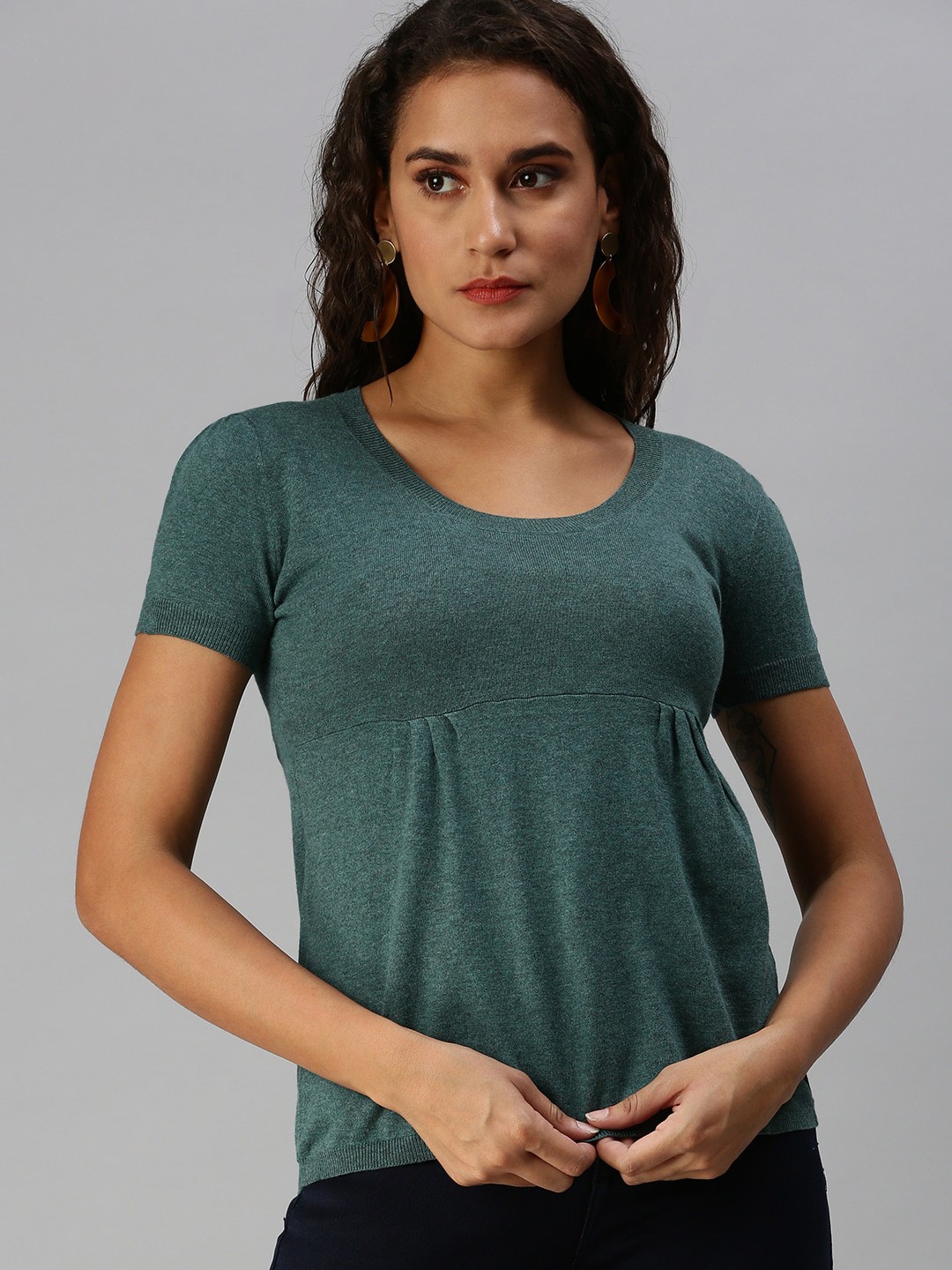 

SHOWOFF Round Neck Short Sleeves Empire Top, Sea green