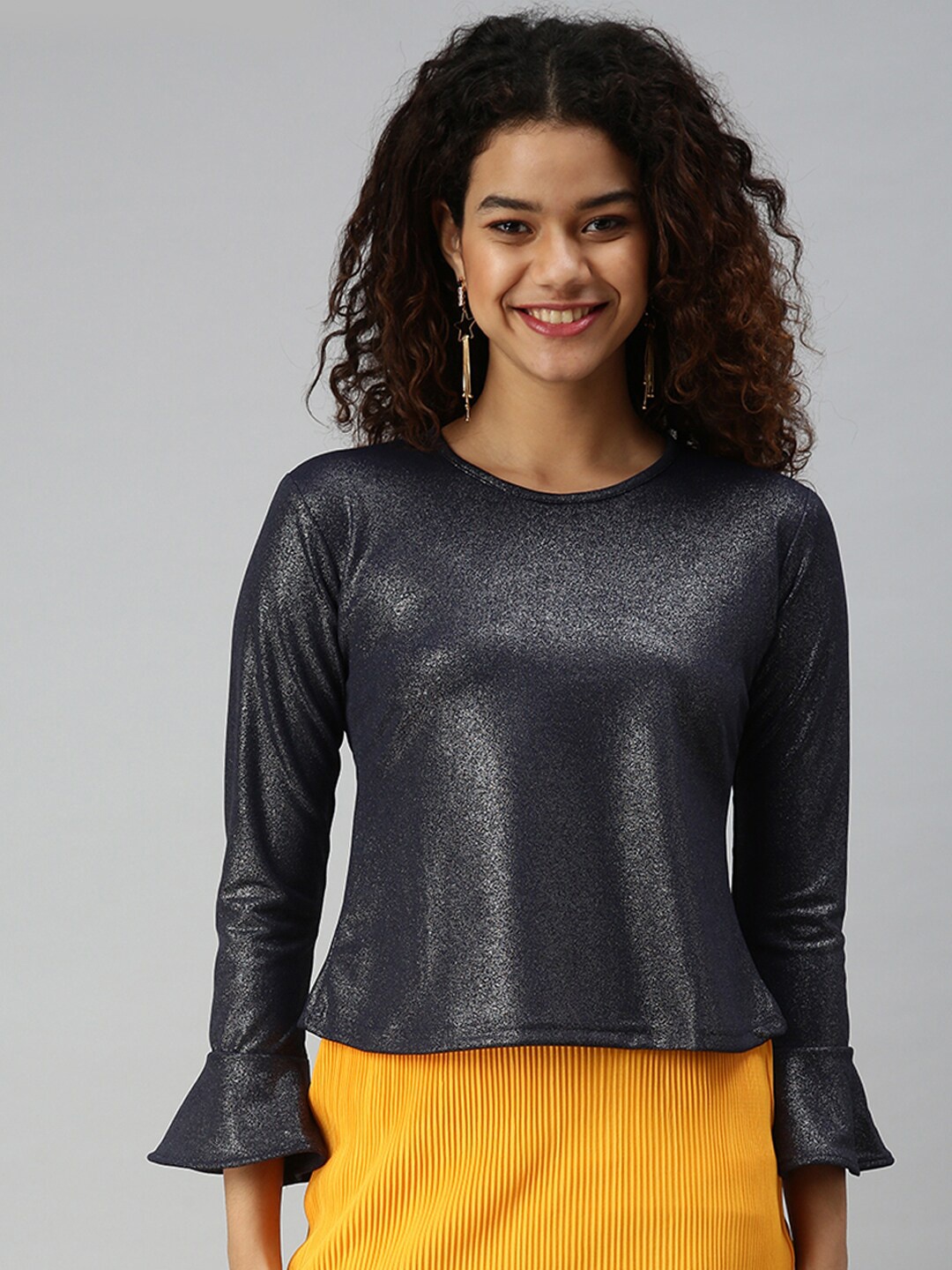 

SHOWOFF Round Neck Bell Sleeves Top, Navy blue