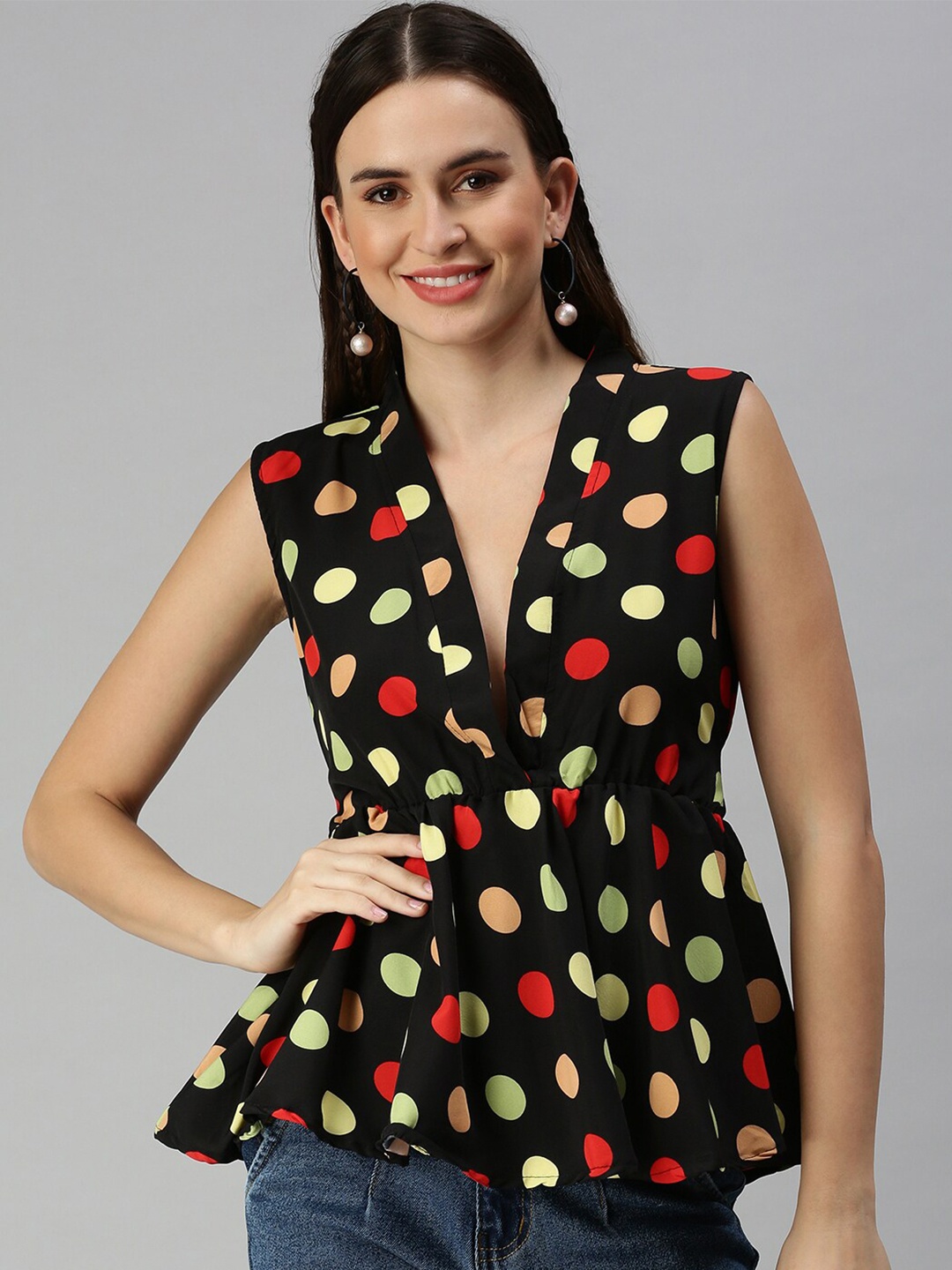 

SHOWOFF Polka Dot Printed V-Neck Sleeveless Crepe Peplum Top, Black