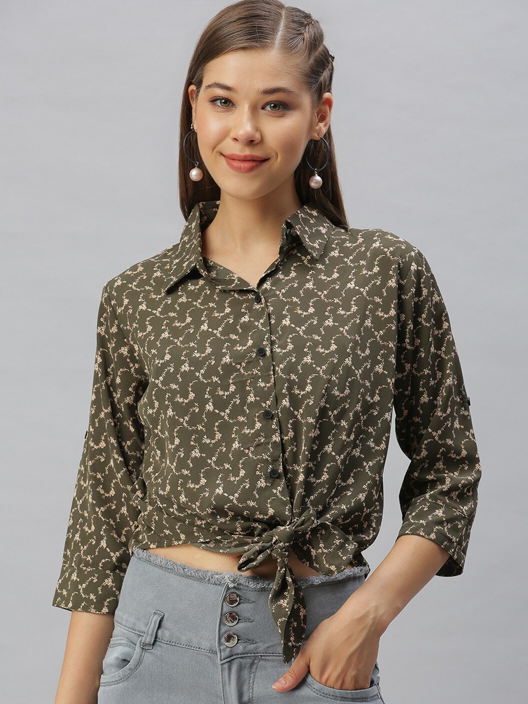 

SHOWOFF Floral Printed Shirt Collar Waist Tie-Ups Georgette Shirt Style Top, Olive