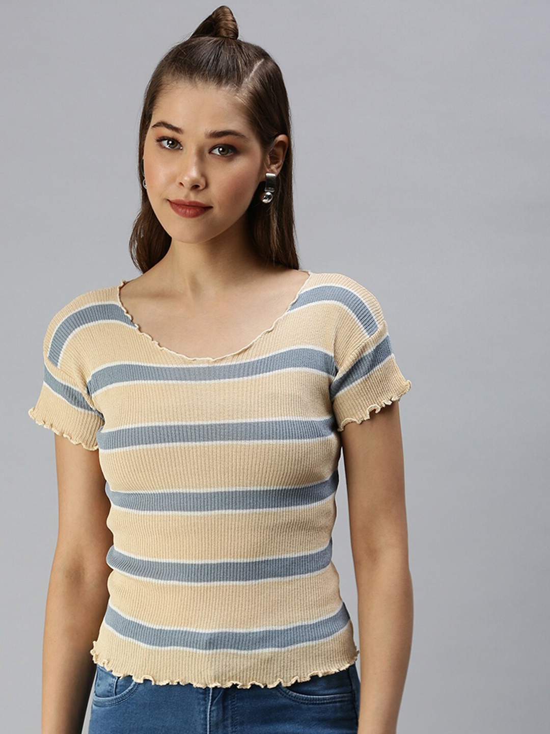 

SHOWOFF V-Neck Stripes Ribbed Top, Beige