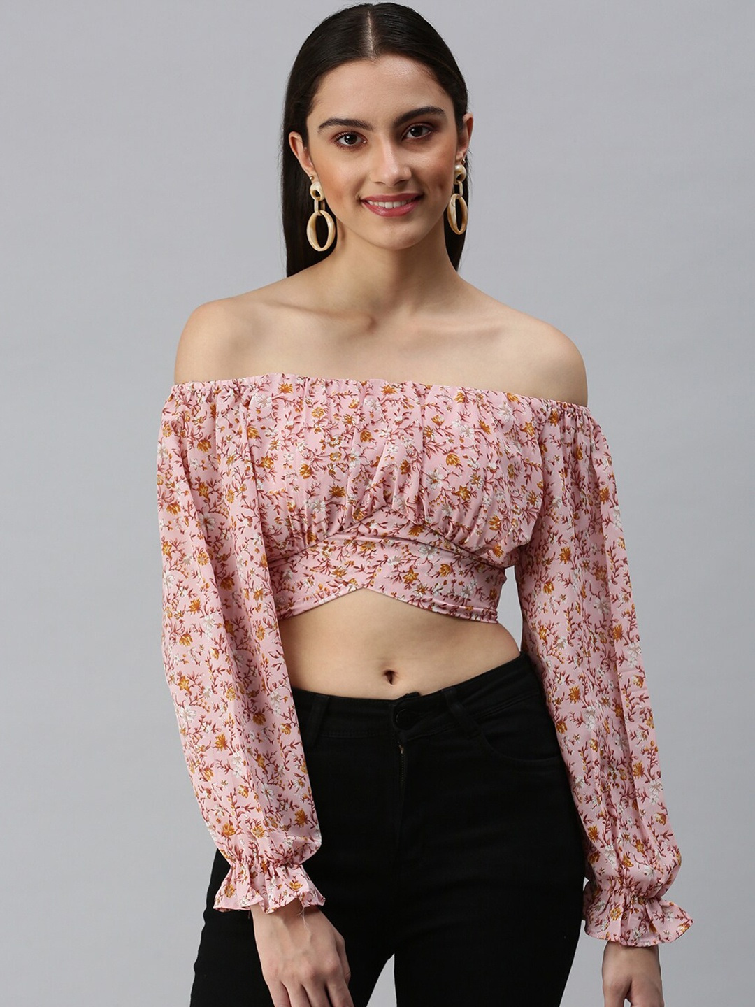 

SHOWOFF Floral Print Off-Shoulder Puff Sleeve Georgette Bardot Top, Pink