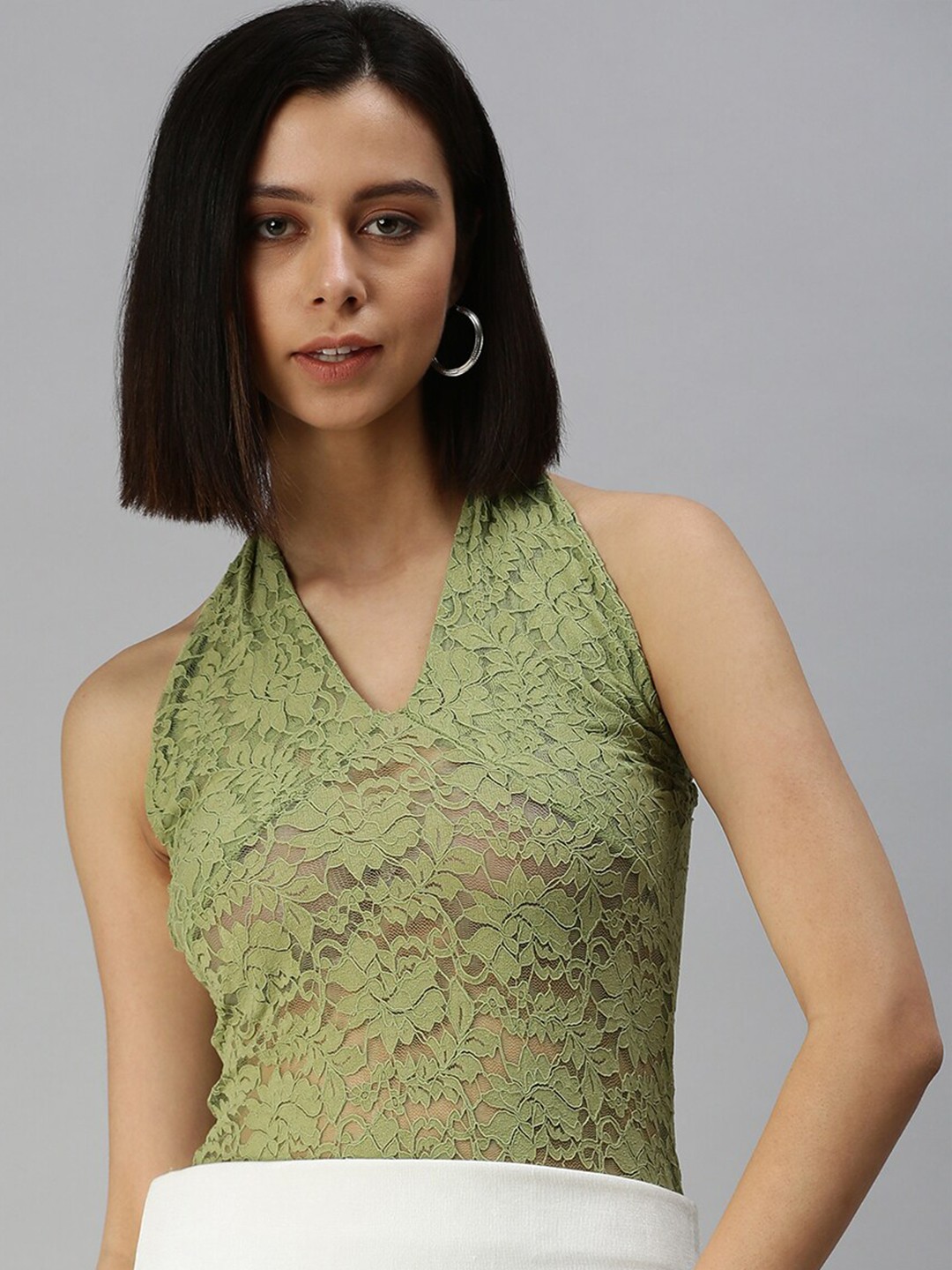 

SHOWOFF Self Design Floral Halter Neck Sheen Lace Top, Green