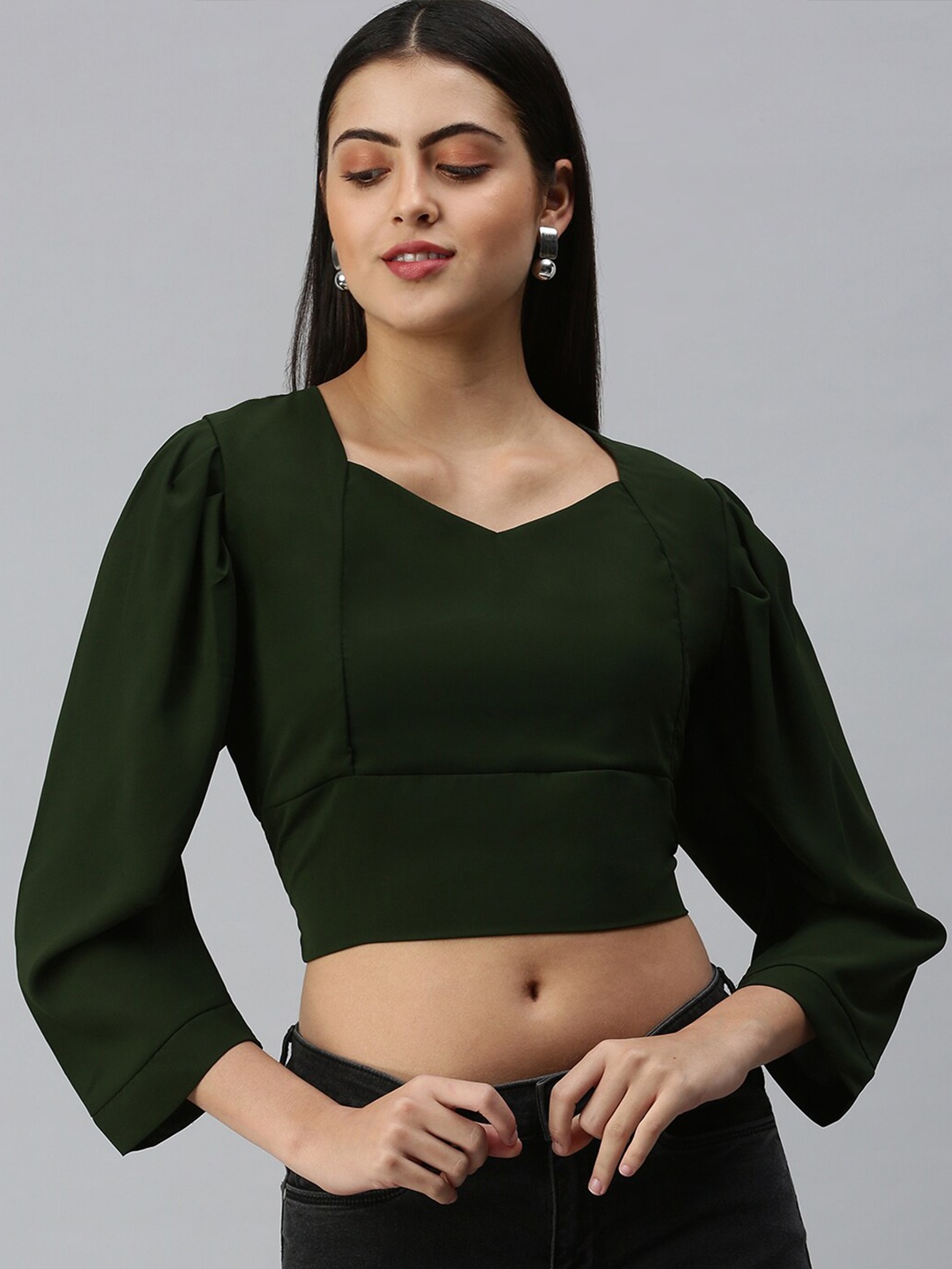 

SHOWOFF Sweetheart Neck Crepe Blouson Crop Top, Olive