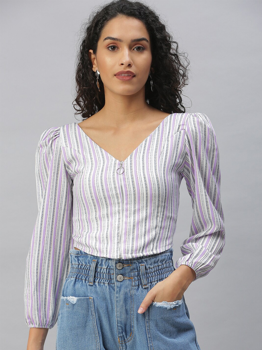 

SHOWOFF Striped V-Neck Puff Sleeves Blouson Top, Purple