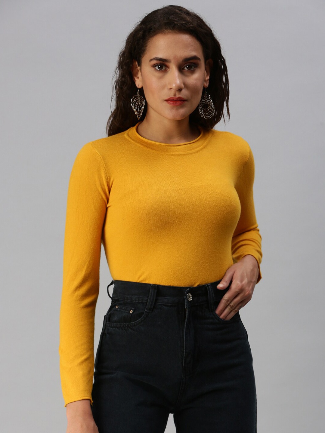 

SHOWOFF Round Neck Knitted Fitted Top, Mustard