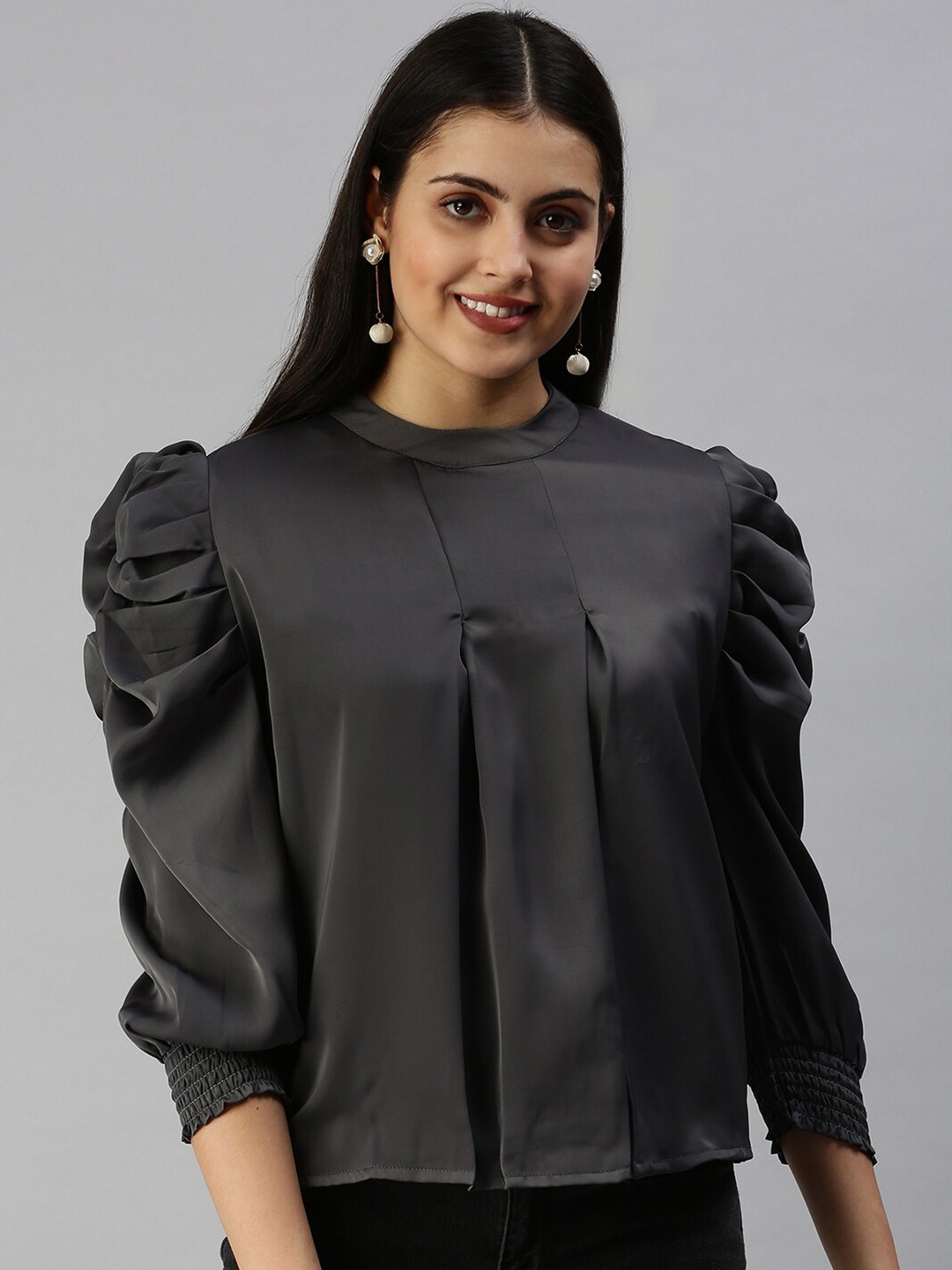 

SHOWOFF Cuffed Sleeves A-line Top, Grey