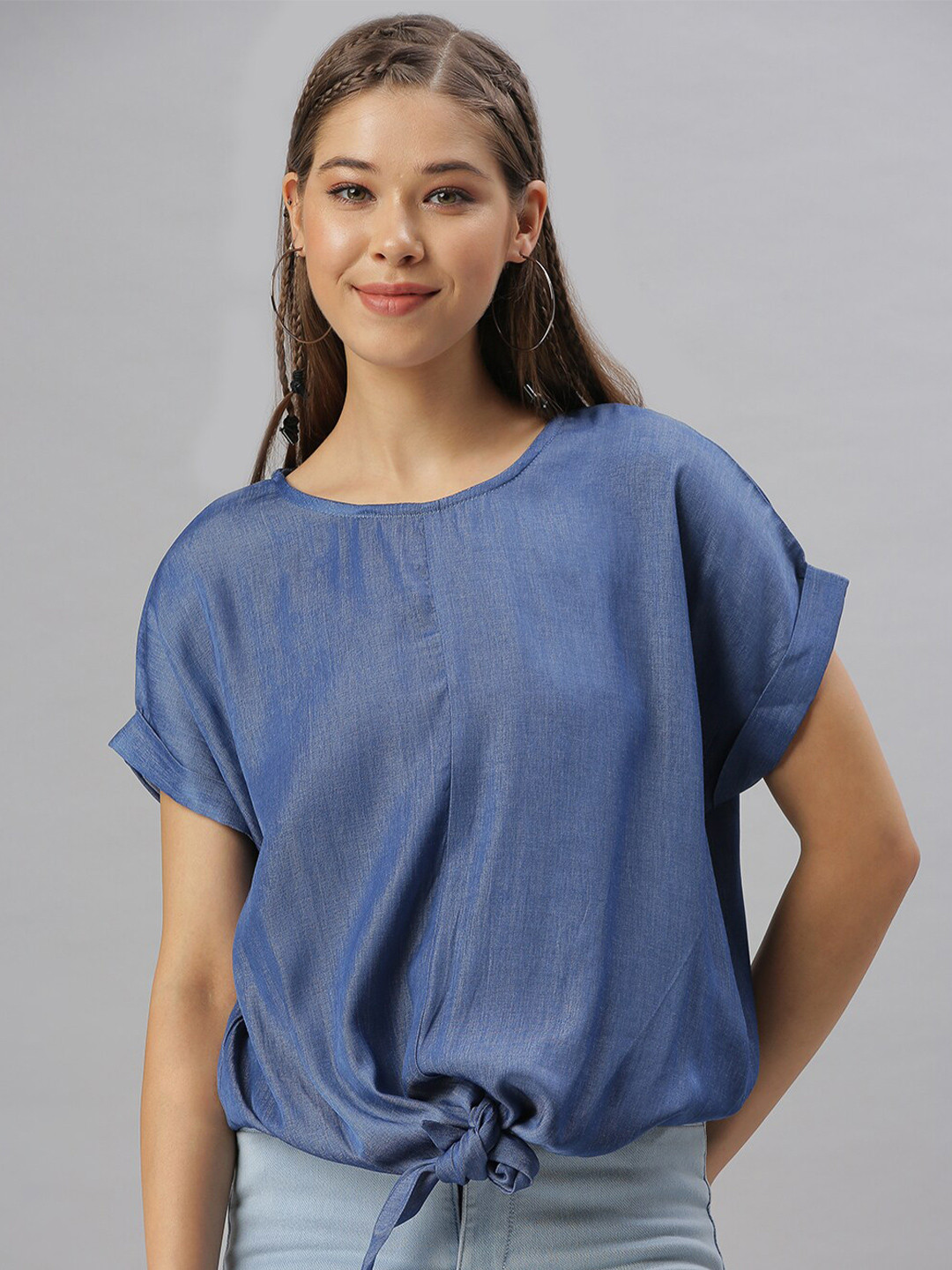 

SHOWOFF Extended Sleeves Denim Top With Tie-Up Detail, Blue