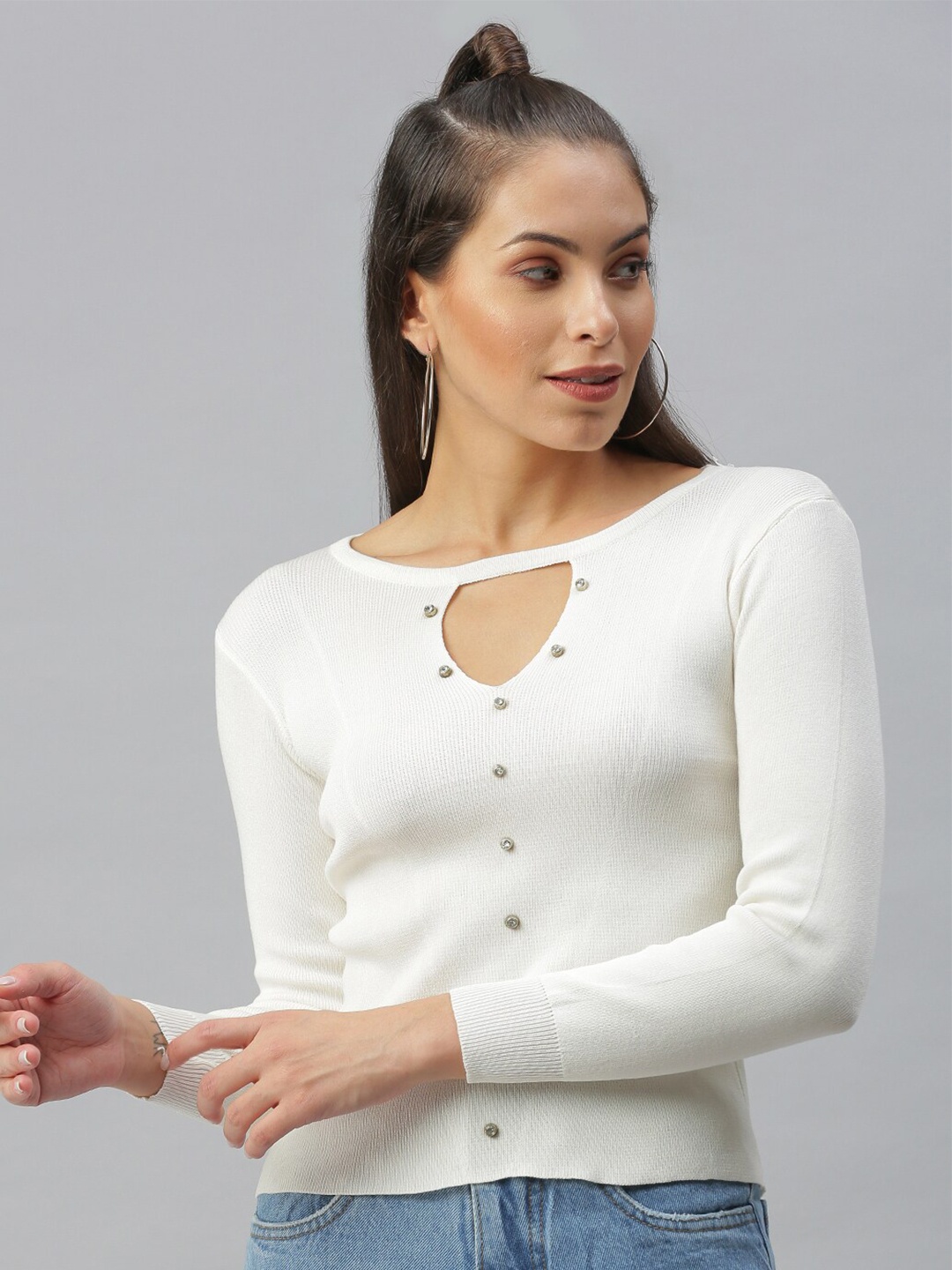 

SHOWOFF Keyhole Neck Studded Top, Off white