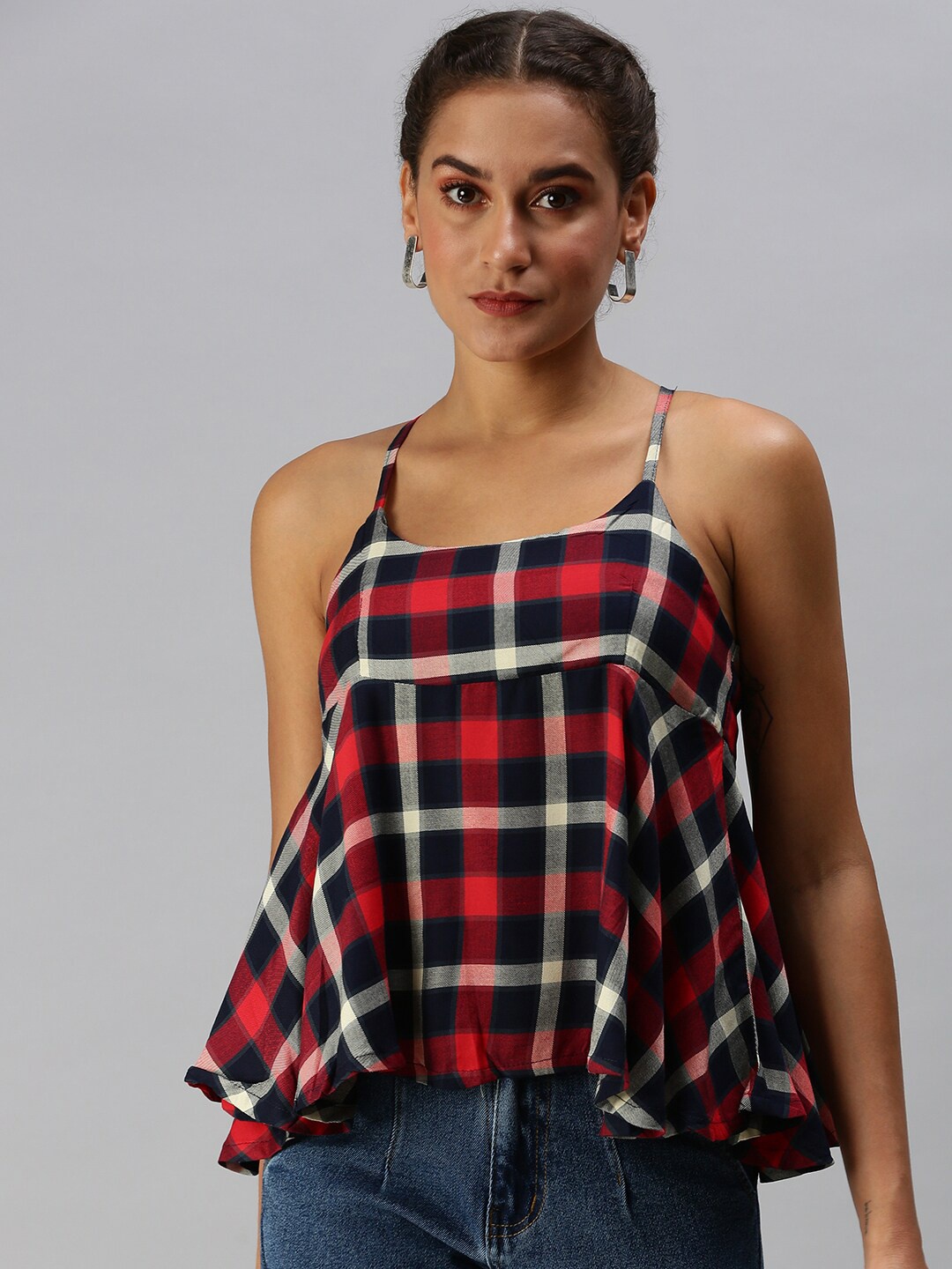 

SHOWOFF Checks Shoulder Straps Regular Top, Red