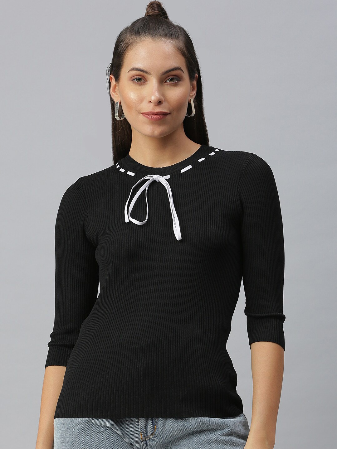 

SHOWOFF Round Neck Acrylic Regular Top, Black