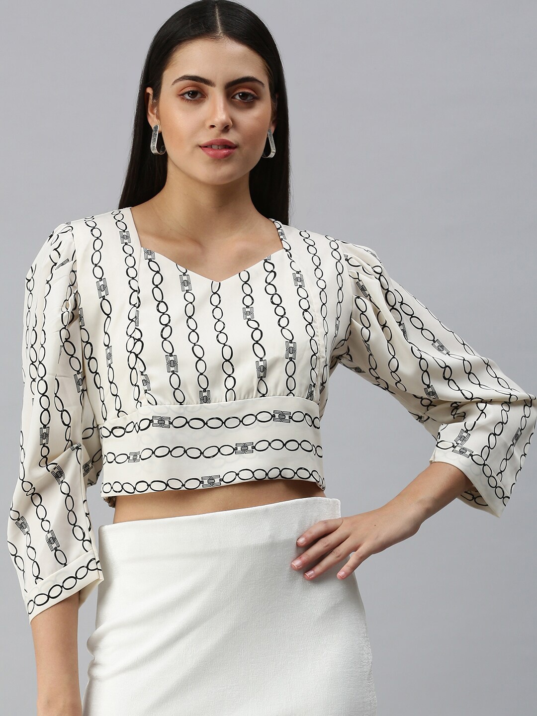 

SHOWOFF Geometric Printed Puff Sleeves Crop Top, Off white