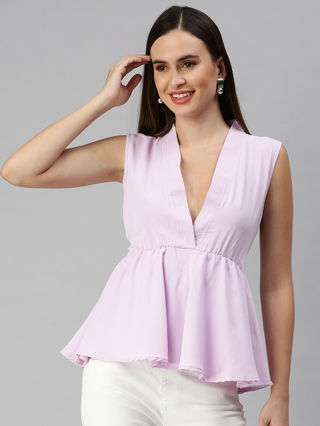 

SHOWOFF V Neck Gathered Or Pleated A-Line Top, Lavender
