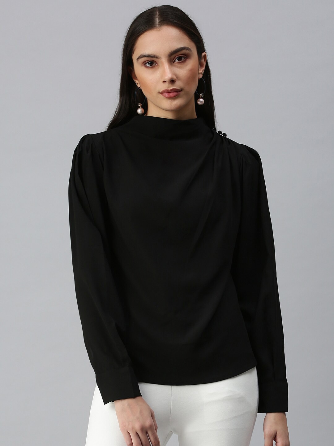 

SHOWOFF High Neck Puff Sleeves Top, Black