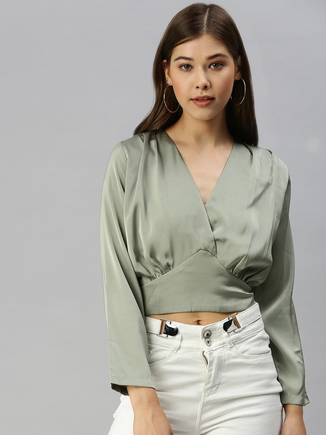 

SHOWOFF V-Neck Styled Back Satin Crop Top, Green