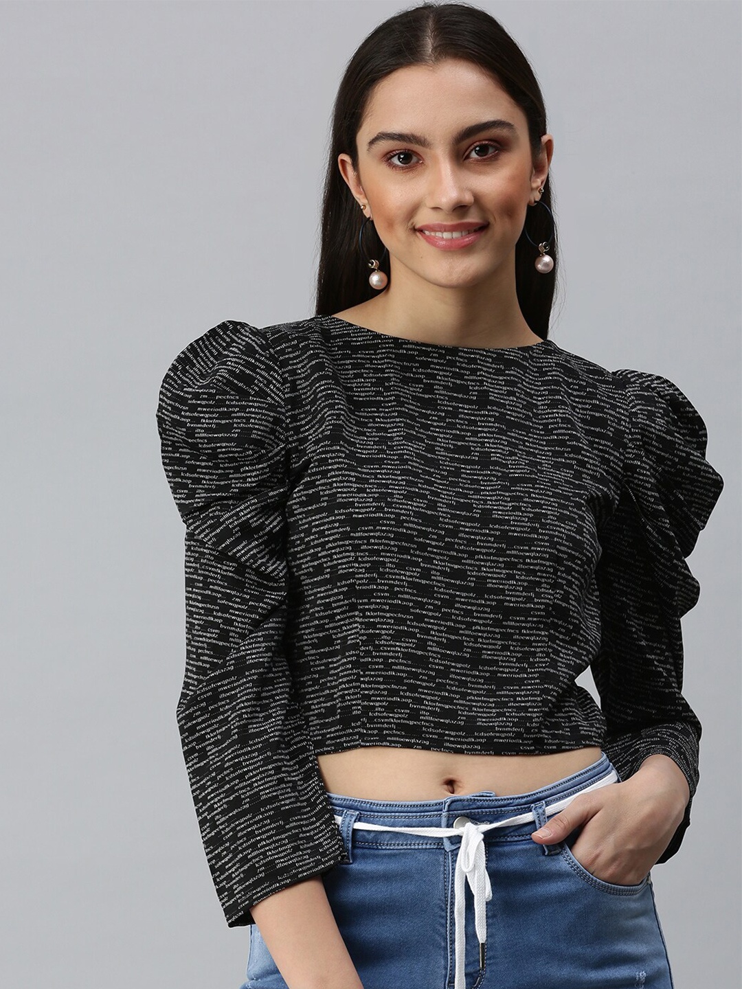 

SHOWOFF Typography Print Puff Sleeve Monochrome Crop Top, Black